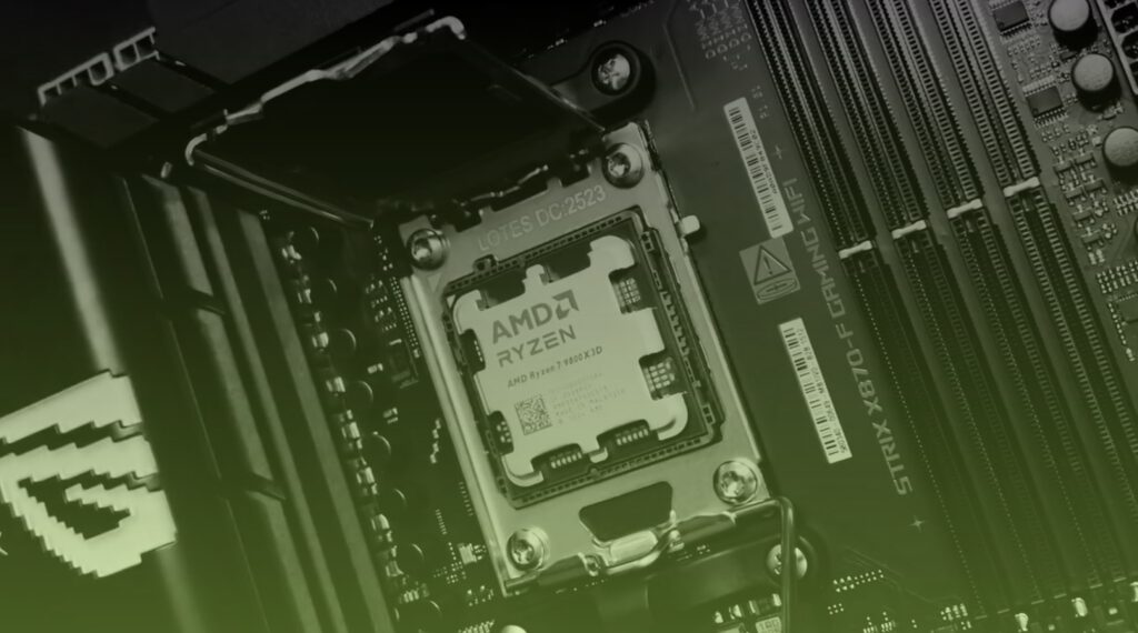 AMD Ryzen 7 9800X3D-prosessor montert i en ASUS ROG Strix X870-F Gaming WiFi hovedkort