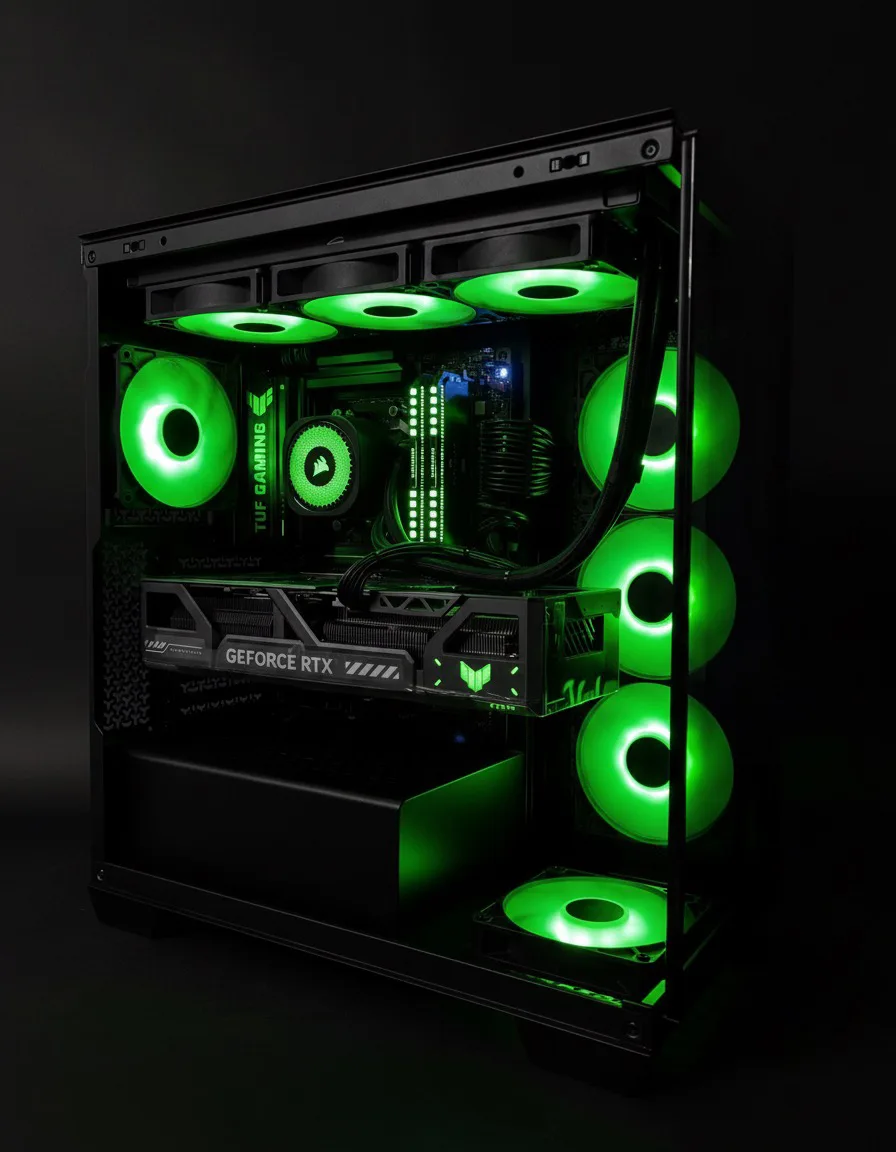 Gaming-PC med grønn RGB-belysning, ASUS TUF Gaming-kort og GeForce RTX grafikkort i svart kabinett